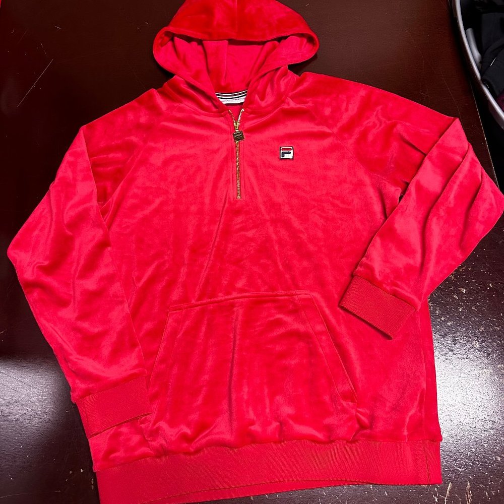 Fila Mens Red Long Sleeve 1/4 Zip Pockets Fleece Pullover Hoodie Size Large